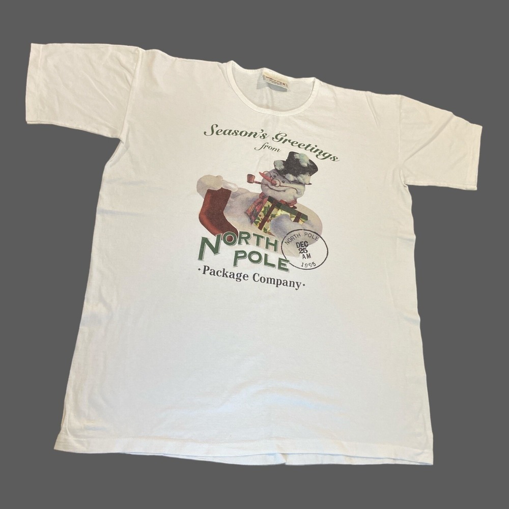 Vintage 90s North Pole Package White T-shirt One Size Made In USA Single Stitch
